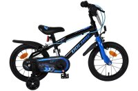 Schwarzes Kinderfahrrad mit blauen Akzenten und Rennmotiven