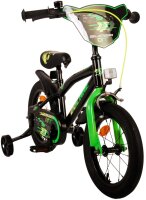 Schwarzes Kinderfahrrad mit grünen Akzenten und Stützrädern