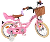 Rosa Kinderfahrrad mit Korb, Stützrädern und floralem Design