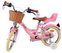 Rosa Kinderfahrrad mit Korb, Sattelstütze und bunten Details
