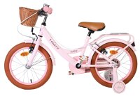 Rosa Kinderfahrrad mit Korb, braunem Sattel und dicken Reifen