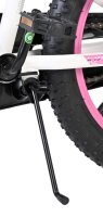 Schwarzer Fahrradständer neben pinkem Reifen und Pedalhalterung