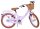 Lila Damenfahrrad mit Korb, braunem Sattel und dicken Reifen