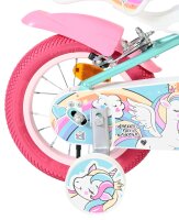 Buntes Kinderfahrrad mit Einhorn-Motiv und pinken Reifen