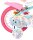 Buntes Kinderfahrrad mit Einhorn-Motiv und pinken Reifen
