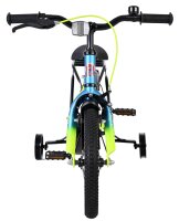 Kinderfahrrad mit Stützrädern, blauer Rahmen und grünen Akzenten