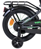 Schwarzer Fahrradrahmen mit Gepäckträger und Stützrad, grüne Akzente