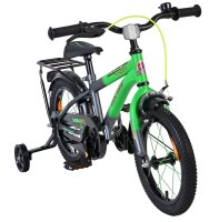 Kinderfahrrad in Grün mit Stützrädern und Gepäckträger