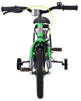 Kinderfahrrad mit grünen Akzenten und Stützrädern, von vorne betrachtet