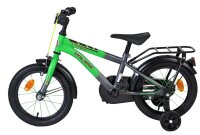 Kinderfahrrad in Grün und Grau mit Stützrädern und Gepäckträger