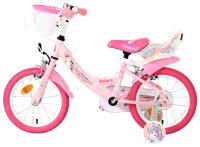 Rosa Kinderfahrrad mit Einhorn-Motiv und Korb vorne