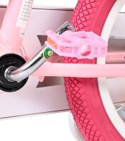 Rosa Fahrradpedal mit silberner Achse und pinkem Reifen