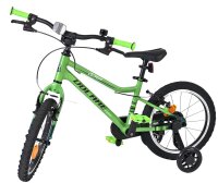Grünes Kinderfahrrad mit zwei Rädern und schwarzem Sattel