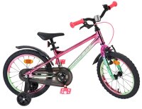 Kinderfahrrad in Pink und Grün mit Stützrädern und reflektierenden Elementen