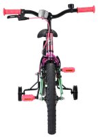 Kinderfahrrad in Pink mit grünen Pedalen und Stützrädern