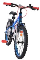 Blaues Kinderfahrrad mit roten Griffen und Pedalen, stabiler Rahmen
