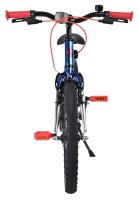 Blaues Kinderfahrrad mit roten Griffen und Pedalen, Vorderansicht