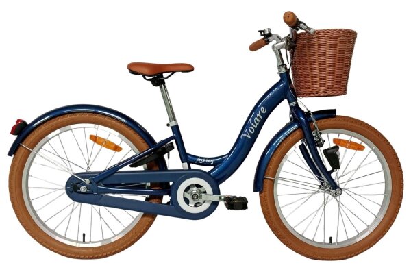 Blaues Kinderfahrrad mit Korb, braunen Reifen und gepolstertem Sattel