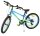 Buntes Mountainbike mit grünen und blauen Akzenten, stabilen Reifen und Ständer