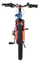 Mountainbike mit orangefarbenen Gabeln und blauer Rahmenfarbe von vorne betrachtet
