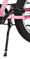 Schwarzer Fahrradständer an pinkem Fahrrad mit Kette und Reifen sichtbar