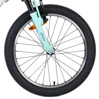 Vorderreifen eines Fahrrads mit mintgrüner Gabel und Profilreifen