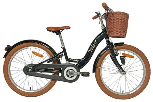 Schwarzes Kinderfahrrad mit Korb, braunen Reifen und bequemen Sattel