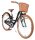 Schwarzes Fahrrad mit Korb, braunen Reifen und gepolstertem Sattel