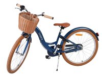 Dunkelblaues Fahrrad mit Korb und braunen Reifen und Sattel