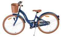 Dunkelblaues Fahrrad mit Korb und braunem Sattel, breite Reifen