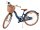 Dunkelblaues Fahrrad mit Korb und braunen Reifen und Sattel