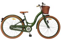 Damenfahrrad in Grün mit Korb und braunen Reifen