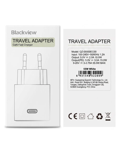 Blackview 55W Fast Charger Schnelllade-Netzteil / Travel Adapter – Weiß – z.B. für Active 10 Plus
