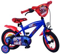 Blaues Kinderfahrrad mit roten Akzenten und Comic-Motiven