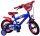 Blaues Kinderfahrrad mit roten Akzenten und Comic-Motiven