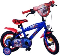 Kinderfahrrad in Blau und Rot mit Comic-Design und Stützrädern