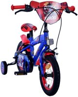 Kinderfahrrad in Blau und Rot mit Comic-Design und Stützrädern