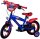 Blaues Kinderfahrrad mit roten Details und Heldenmotiv am Lenker