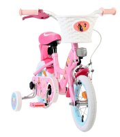 Rosa Kinderfahrrad mit Korb, Stützrädern und buntem Design