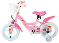 Rosa Kinderfahrrad mit weißem Korb und stabilen Stützrädern