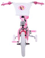 Rosa Kinderfahrrad mit Korb und Stützrädern, vorneansicht