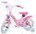 Rosa Kinderfahrrad mit Korb, weißen Reifen und bunten Aufklebern