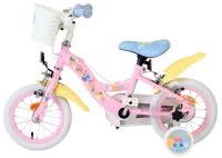 Rosa Kinderfahrrad mit Blumenmuster, Korb und weißen Reifen
