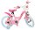 Rosa Kinderfahrrad mit Korb, weißen Reifen und bunten Aufklebern