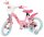 Rosa Kinderfahrrad mit Korb und bunten Aufklebern