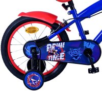 Blaues Kinderfahrrad mit rotem Sattel und buntem Kettenkasten