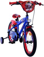 Buntes Kinderfahrrad mit Stützrädern und Comic-Motiven in Blau und Rot