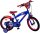 Blaues Kinderfahrrad mit roten Akzenten und Comic-Motiven