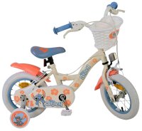 Kinderfahrrad in Weiß mit bunten Stitch-Motiven und Korb vorne