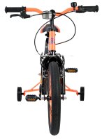 Fahrrad mit orangefarbenem Rahmen, zwei Rädern und Pedalen von vorne gesehen